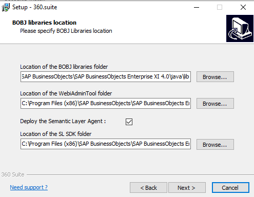 Setup screen for BOBJ libraries path